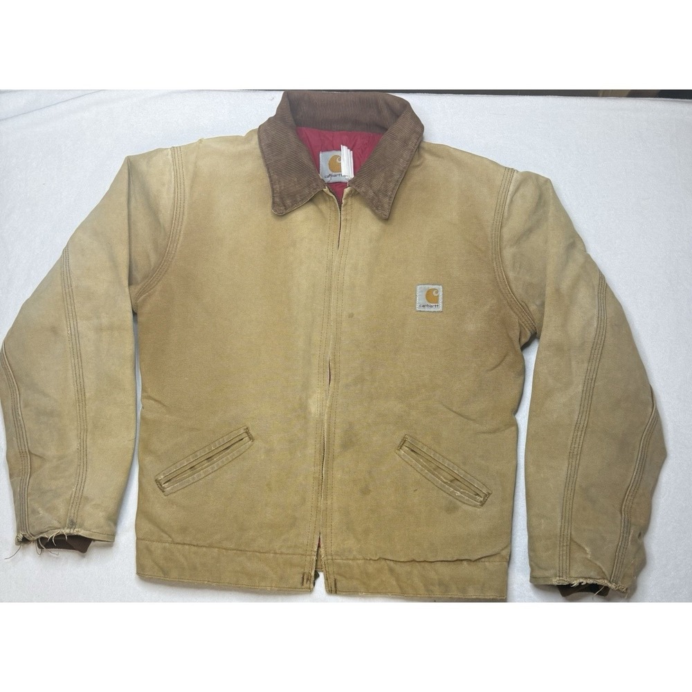 VTG Carhartt Jacket Detroit Tan Red Quilted Corduroy Collar Youth Womens Faded